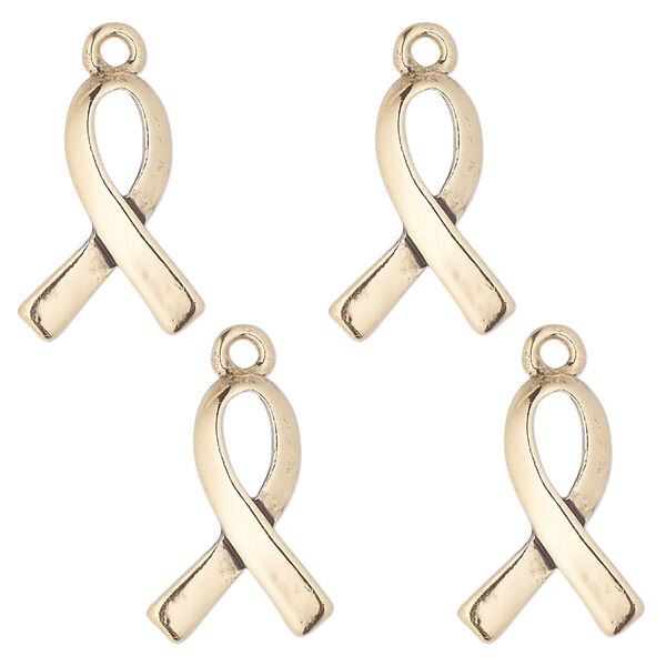 Charm, antique gold-finished "pewter" (zinc-based alloy), 18x12mm single-sided awareness ribbon. Sold per pkg of 4. image number 0