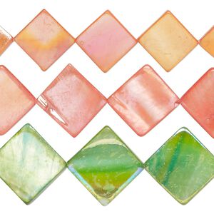 Bead mix, mother-of-pearl shell (bleached / dyed), multicolored AB, 12x11mm-16mm flat diamond with 0.4-0.6mm hole, Mohs hardness 3-1/2. Sold per pkg of (3) 15-inch strands.