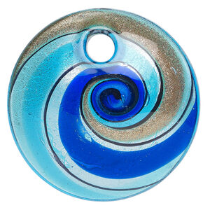 Focal, lampworked glass 1pkg1, translucent multicolored with copper-colored glitter and silver-colored foil, 50mm top-drilled domed round.