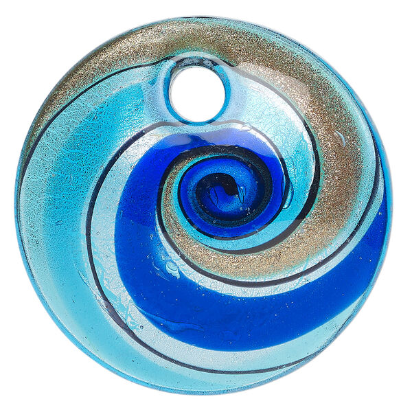 Focal, lampworked glass 1pkg1, translucent multicolored with copper-colored glitter and silver-colored foil, 50mm top-drilled domed round. image number 0