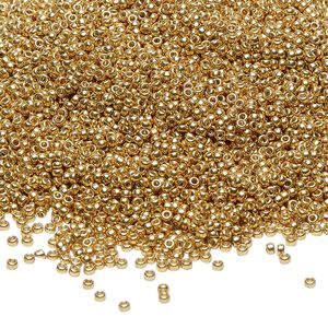 Seed bead, Miyuki, glass, pkg/35g, #15 rocaille, Duracoat® opaque galvanized gold, (RR-4202).