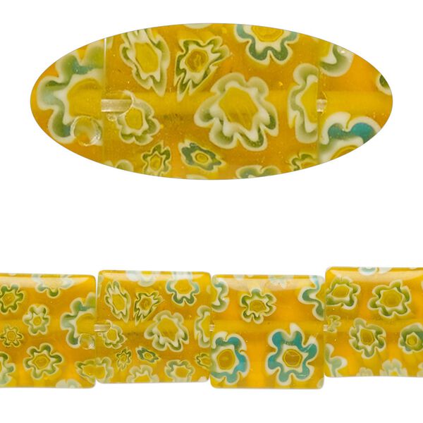 Bead, millefiori glass, translucent orange / blue / white, 11mm-13x12mm puffed square with flower design. Sold per 14-inch strand. image number 0