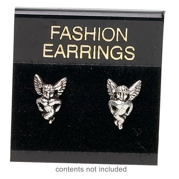 Earring card, flocked plastic, black and gold, 1x1-inch square with "FASHION EARRINGS." Sold per pkg of 100. image number 1