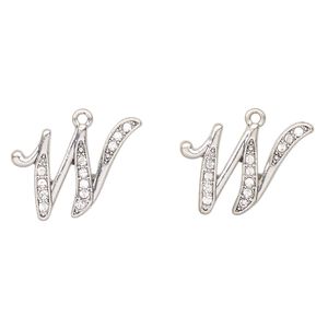 Charm, antique silver-finished "pewter" (zinc-based alloy) and glass, clear, 26x19mm letter "W". Sold per pkg of 2.