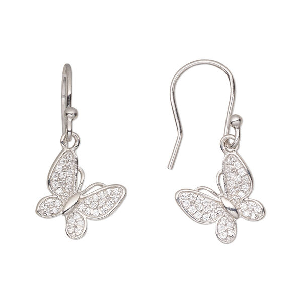 Earring, Create Compliments®, cubic zirconia and rhodium-plated sterling silver, clear, 29mm with butterfly and fishhook ear wire, 20 gauge. Sold per pair. image number 0