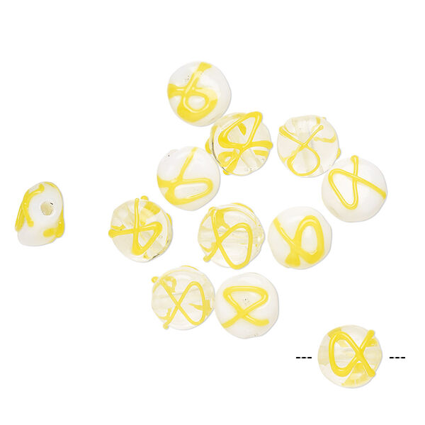 Bead, lampworked glass, transparent clear / opaque white / yellow, 7mm double-sided flat round with awareness ribbon. Sold per pkg of 12. image number 0