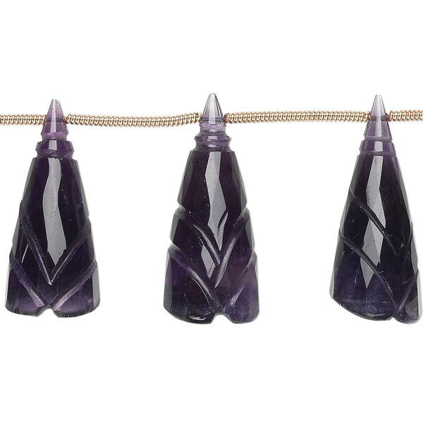 Bead, amethyst (natural), dark, 18x8mm-24x10mm graduated hand-cut top-drilled carved cone flower, B+ grade, Mohs hardness 7. Sold per pkg of 5 beads. image number 0