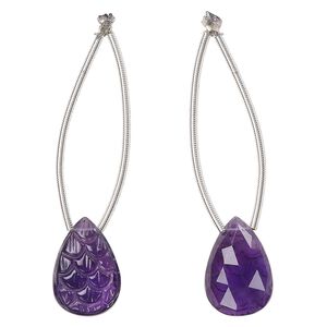 Amethyst 1pkg1, hand-cut top-drilled carved scales faceted back 2-sided teardrop bead natural 18x12mm