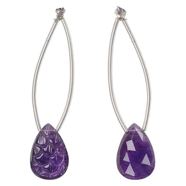 Amethyst 1pkg1, hand-cut top-drilled carved scales faceted back 2-sided teardrop bead natural 18x12mm image number 0