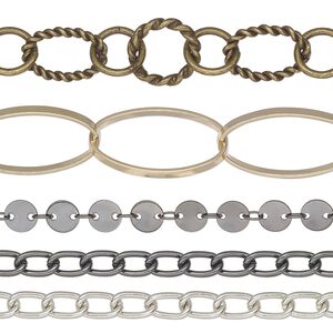 Chain assortment, gold- / antique silver- / gunmetal-finished aluminum / brass / steel, mixed colors, 3-31mm mixed shapes, Sold per pkg of (5) 36-inch lengths.