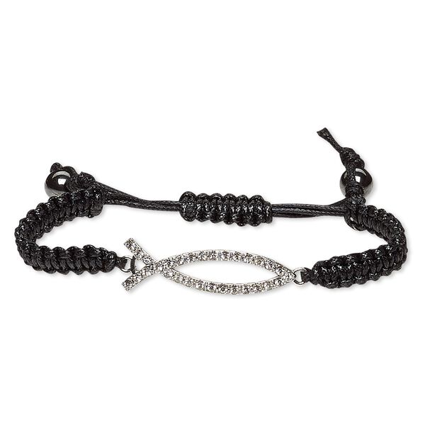 Bracelet, Hemalyke™ (man-made) / waxed cotton cord / glass rhinestone / silver-plated "pewter" (zinc-based alloy), black and clear, 38x12mm Christian fish, adjustable from 6-1/2 to 7-1/2 inches with macramé knot closure. Sold individually. image number 0