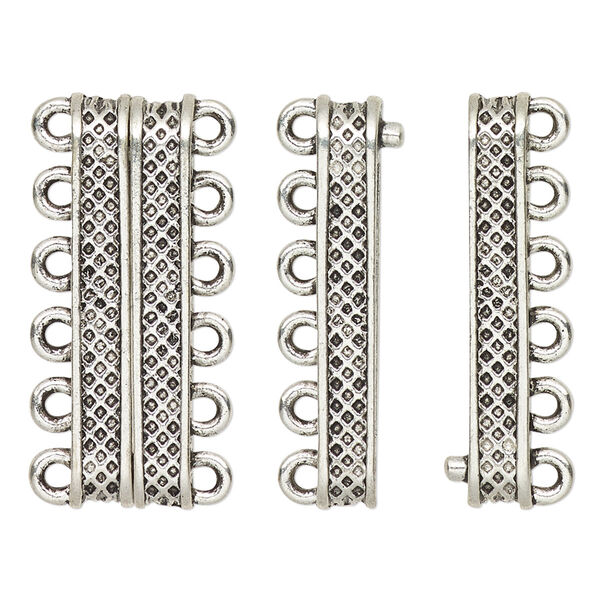 Clasp, 6-strand magnetic, antique silver-finished "pewter" (zinc-based alloy), 30.5x9mm rectangle with textured design. Sold individually. image number 0