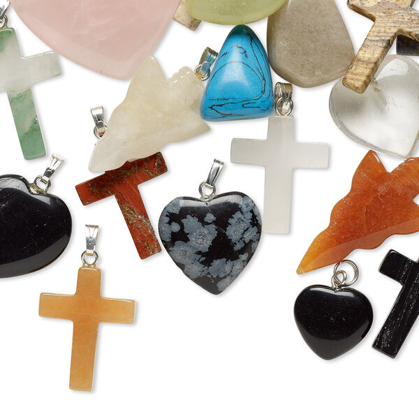 Pendant mix, multi-gemstone (natural / dyed / imitation) / glass / silver-finished steel, mixed colors, 10mm-35x35mm mixed shape, C- grade. Sold per pkg of 25. image number 0