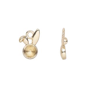Charm, gold-finished pewter (tin-based alloy), 15x10.5mm rabbit ears with SS29 rivoli or chaton glue-in setting. Sold per pkg of 10.