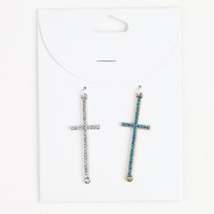 Focal 1pkg2 gold- and silver-finished brass / glass rhinestone, clear and teal, 39x14mm cross with top and bottom loop.