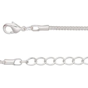 Chain, silver-plated brass, 1.5mm Venetian box, 18 inches with 1-inch extender chain and lobster claw clasp. Sold per pkg of 4.