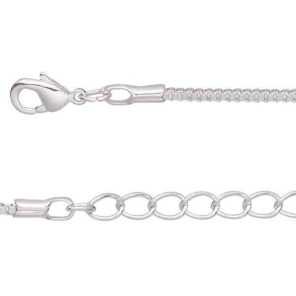 Chain, silver-plated brass, 1.5mm Venetian box, 18 inches with 1-inch extender chain and lobster claw clasp. Sold per pkg of 4. image number 0