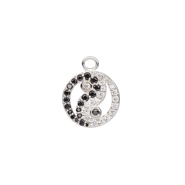 Charm, sterling silver and cubic zirconia, black and clear, 14mm single-sided flat round with yin-yang design. Sold individually. image number 0
