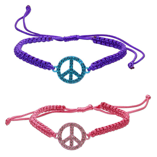 Bracelet, polyester / glass rhinestone / "pewter" (zinc-based alloy), pink / purple / turquoise blue, 19mm peace sign, adjustable from 6 to 7-1/2 inches with wrapped knot closure. Sold per pkg of 2. image number 0