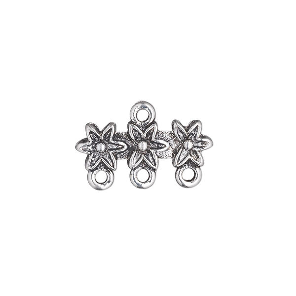 End bar, antique silver-plated "pewter" (zinc-based alloy), 20x7mm double-sided 3-flower with 3 loops. Sold per pkg of 10. image number 0