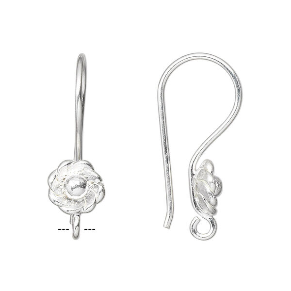 Ear wire, Hill Tribes, fine silver, 27x9mm with 7-petal flower and open loop. Sold per pair. image number 0