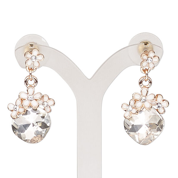 Earring, enamel / glass / glass rhinestone / stainless steel / rose gold-finished "pewter" (zinc-based alloy), white and clear, 30mm with flowers and post. Sold per pair. image number 0