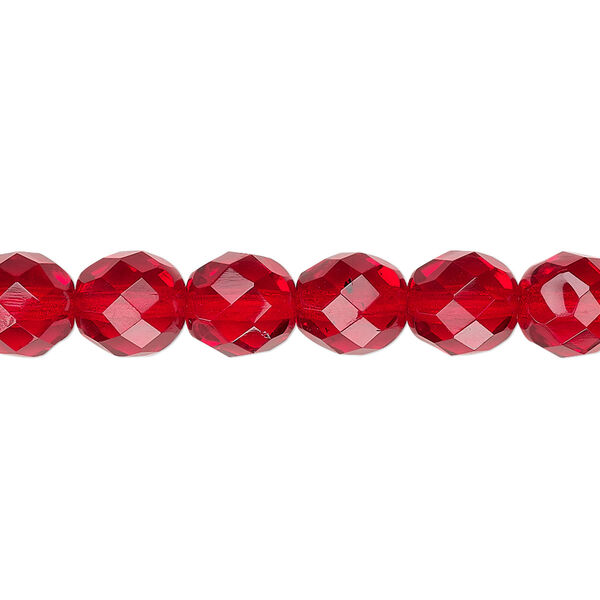 Bead, Czech fire-polished glass, translucent ruby red, 8mm faceted round. Sold per 15-1/2" to 16" strand, approximately 50 beads. image number 0