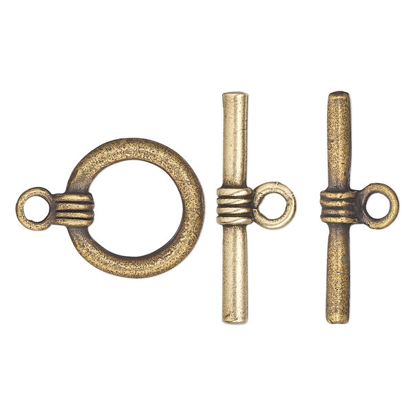 Clasp, toggle, pewter (tin-based alloy), pkg/1, antique brass plate, 16mm round with banded design. image number 0