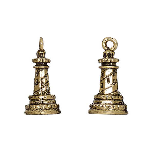 Charm, antique gold-plated pewter (tin-based alloy), 18.5x11.5mm 3D lighthouse. Sold per pkg of 2. image number 0