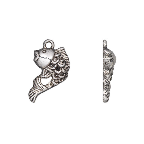 Charm, antique silver-plated "pewter" (zinc-based alloy), 18x12mm single-sided leaping fish. Sold per pkg of 20. image number 0