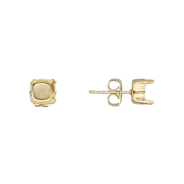 Earstud 1pkg4 gold-plated, 6mm / SS29 rivoli or chaton 4-prong setting / earnuts, brass / steel 2 pair image number 0