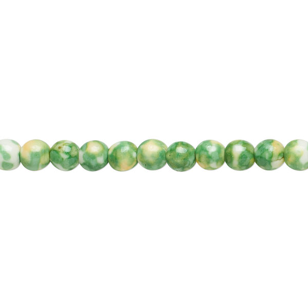 Bead, resin and painted ceramic, green / white / yellow, 4mm round. Sold per 15-1/2" to 16" strand. image number 0