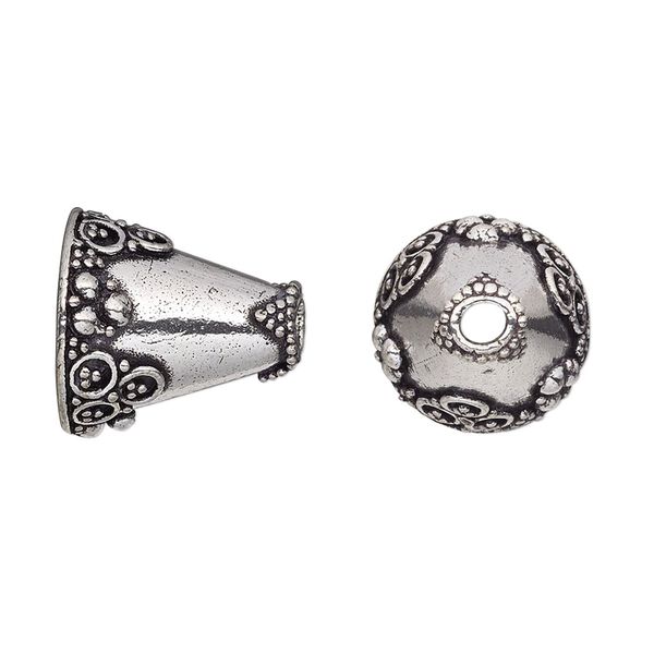 Cone, antique silver-plated brass, 16x15mm beaded with circles, 11.5mm hole. Sold per pkg of 2. image number 0
