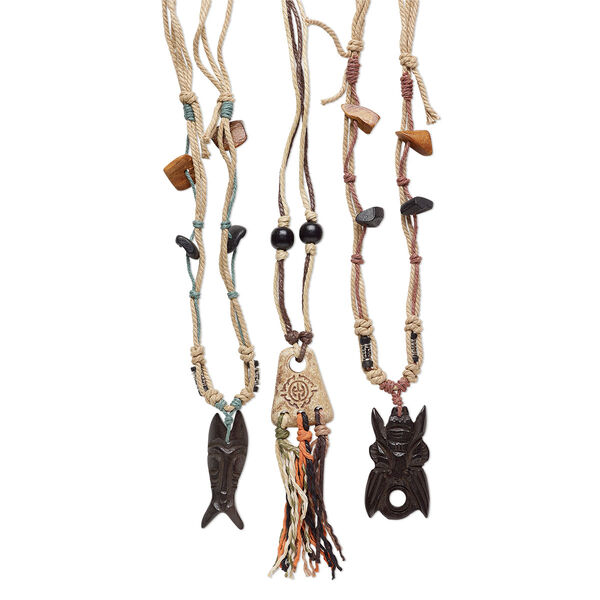 Necklace mix, ceramic / wood / bone (dyed) / cotton cord, multicolored, 28x28mm-50x38mm multi-shape, 18 inches.  Sold per pkg of 3. image number 0