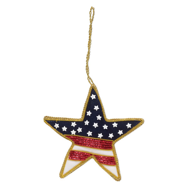 Ornament, gold-finished copper / velveteen / plastic, red / white / blue, 4-inch single-sided star with stars and stripes design and glass beads. Sold individually. image number 0