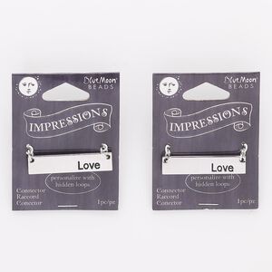 Focal, enamel / steel / silver-finished "pewter" (zinc-based alloy), black, 37x8mm rectangle with "Love" (3) hidden loops. Sold per pkg of 2.