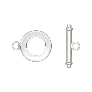 Clasp toggle 1pkg100, 15mm round, silver-finished brass 1-strand