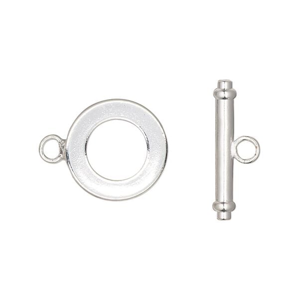 Clasp toggle 1pkg100, 15mm round, silver-finished brass 1-strand image number 0