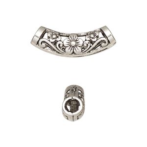 Bead, antique silver-finished "pewter" (zinc-based alloy), 25x9mm curved tube with cutout flowers design. Sold per pkg of 6.