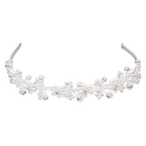 Headband, glass / glass pearl / glass rhinestone / imitation rhodium-plated brass, white and clear, 23mm wide with 2 loops, 15 inches. Sold individually.