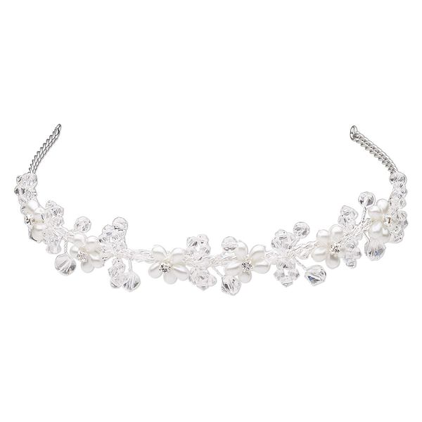 Headband, glass / glass pearl / glass rhinestone / imitation rhodium-plated brass, white and clear, 23mm wide with 2 loops, 15 inches. Sold individually. image number 0