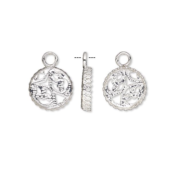Drop, silver-finished brass, 11.5mm round with decorative cutout back and trim with 10mm round bezel setting. Sold per pkg of 2. image number 0