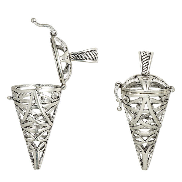 Focal, antique silver-finished brass, 43x22mm cone bead cage with cutout star design and safety latch, fits up to 12-18mm bead. Sold individually. image number 0