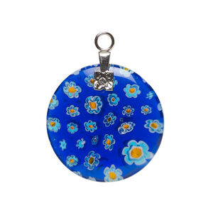 Component 1pkg1 millefiori glass and silver-finished steel, translucent cobalt blue / white / yellow-orange, 24-25mm puffed flat round.