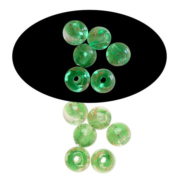 Bead, lampworked glass, clear / green / glow-in-the-dark / gold, 6mm round. Sold per pkg of 6. image number 0