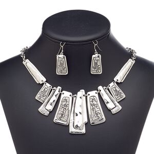 Necklace and earring set, antique silver-plated steel / brass / "pewter" (zinc-based alloy), trapezoid with line design, 18-inch necklace with 3-inch extender chain and lobster claw clasp, 1-1/2 inch earrings with fishhook ear wire. Sold per set.