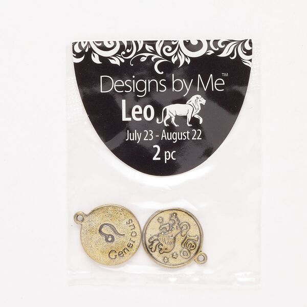 "Pewter" (zinc-based alloy) / enamel 1pkg2, 2-sided round charm / Leo / "Generous" antique gold finish / black 18mm image number 0