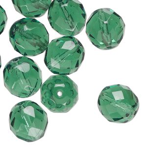 Bead, Czech fire-polished, glass, translucent tourmaline green, 12mm faceted round. Sold per pkg of 25.
