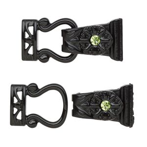 Clasp magnetic fold-over 1pkg2 "pewter" (zinc alloy), 29x13mm, black-finished / green rhinestone 2-strand