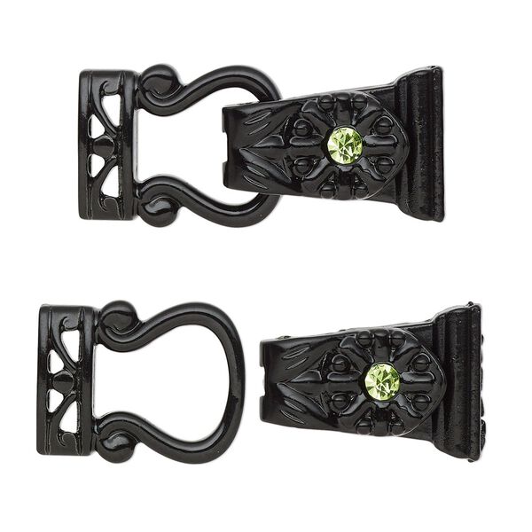 Clasp magnetic fold-over 1pkg2 "pewter" (zinc alloy), 29x13mm, black-finished / green rhinestone 2-strand image number 0